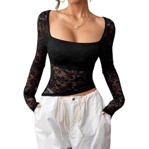 Jenbou Women Lace Long Sleeve Top Sexy Mesh Sheer Square Neck T Shirts Y2k Clothes Tops Black Cover