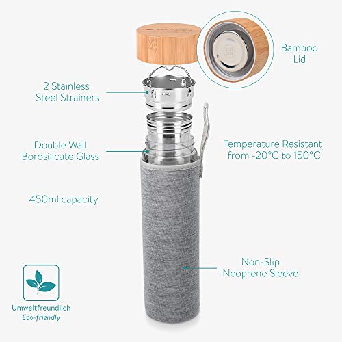 Navaris Botella de Agua de Cristal - Termo para té de 450 ML de Vidrio de borosilicato - Tetera con Filtro para té de… - Imagen 5