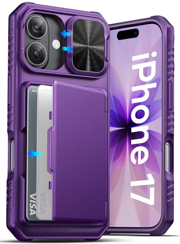 ATATOO for iPhone 17 Case Built-in Card Holder (Store 3-5 Cards) & Slide Camera Cover & RFID Blocking Military Grade Protection Hard Wallet Phone Cover Case for iPhone 17 6.3 2025 Dark Purple