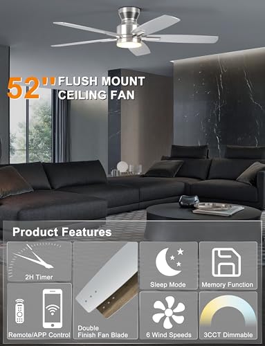 Ohniyou Ceiling Fans with Lights, 52'' Low Profile Ceiling Fan with Light and Remote/APP Control, Modern Flush Mount Ceiling Fan for Indoor Bedroom Living Room, Dimmable, Quiet DC Motor, Silver — view 2
