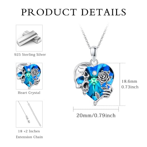 Image of S925 Sterling Silver Skull Pendant Necklace Heart Crystal Birthstone Skull Necklace Gothic Jewlery Gifts