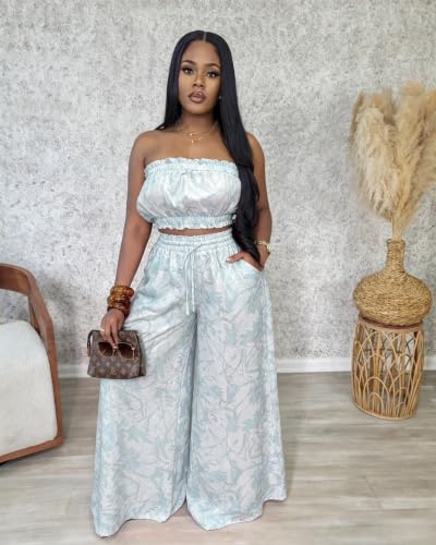 Image of Two Piece Sets for Women Summer Outfits Crop Tops and Wide Leg Pants Sets Sexy Jumpsuits Vacation Outfits with Pockets