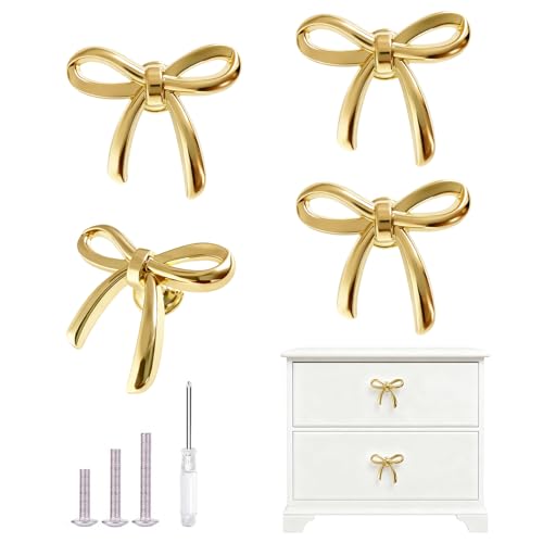 Redeam Gold Cabinet Knobs Brushed Bow Drawer Pulls Gold Knobs for Dresser Drawer Cupboard Furniture Closet Wardrobe Door Knobs Handles (Bow Shape- 4 Pack)