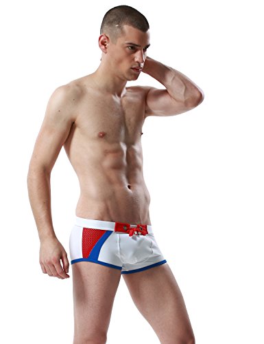 SEOBEAN Mens Low Rise Sexy Sport Swimwear Trunk Boxer Brief Bikini Swimsuit (Large(31-34"), 2696 White)4