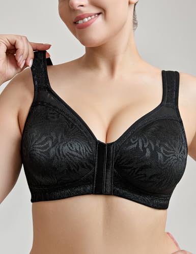 Image of Wingslove Women's Front Closure Minimizer Bra Full Coverage Wirefree Comfort Plus Size Racerback Jacquard Non Padded