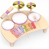 Kit de tambour musical pour petites filles de 1 à 3 ans | Jouet musical Montessori en bois à partir de 1 an | Kit de tambour pour enfants avec xylophone | Jouet éducatif parfait comme anniversaire
