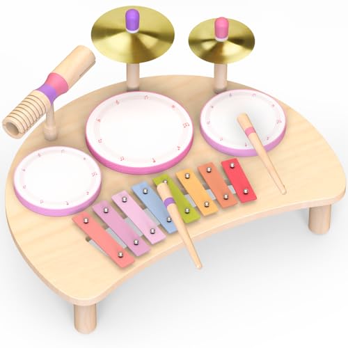 Kit de tambour musical pour petites filles de 1 à 3 ans | Jouet musical Montessori en bois à partir de 1 an | Kit de tambour pour enfants avec xylophone |...