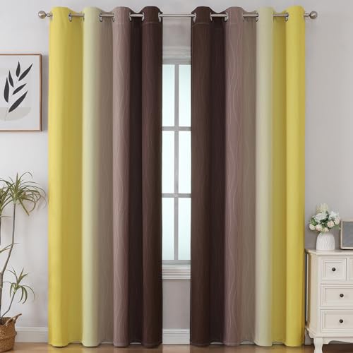 Estelar Textiler Brown and Yellow Gradient Blackout Curtains for Bedroom, Thermal Insulated Ombre Blackout Drapes, Full Light Blocking Energy Saving Curtains for Living Room, 52Wx96L, 2 Panels