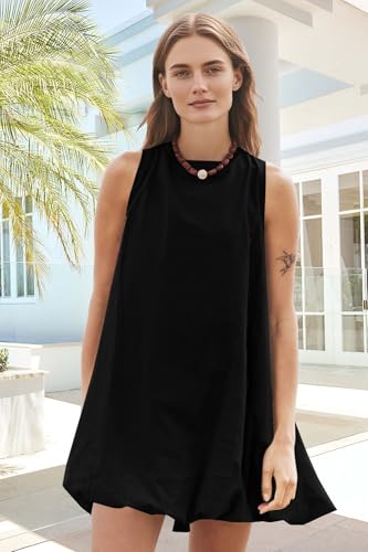 Image of COCOMARTS Dress for Women Summer Casual Linen Mini Dresses Sleeveless Crew Neck Bubble Keyhole Tie Back Vacation Sundress