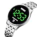PASOY Touch Screen Digital LED Watch Green Highlight Backlight Stainless Steel WatchBand Waterproof Casual Sport Mens Womens Boys Watch (Silver)