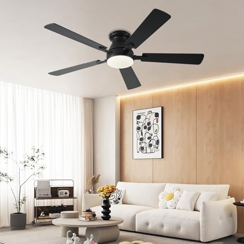 Image of Ayaoty 54 inch Ceiling Fans with Lights and Remote, Low Profile Ceiling Fan with Light, Flush Mount, Reversible, 3CCT, Dimmable, Noiseless, White Ceiling Fan for Bedroom, Indoor /Outdoor Use