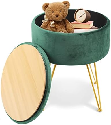 ECOMEX Velvet Round Ottoman with Storage, Metal Legs, Coffee Table Tray Cover Footstool Makeup Vanity Stool Modern Furniture for Living Room Bedroom, Green