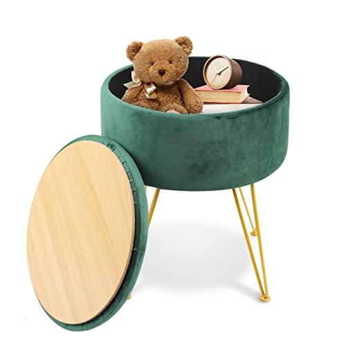 Ecomex Velvet Round Ottoman With Storage, Metal Legs, Coffee Table Tray Cover Footstool Makeup Vanity Stool Modern Furniture For Living Room Bedroom, Green #TOP2