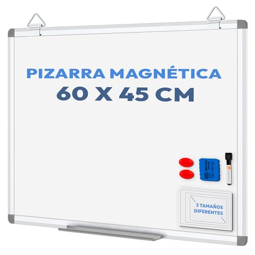 Pizarra Blanca Magnética de Pared 60x45 cm | Marco de Aluminio, Bandeja, 1...