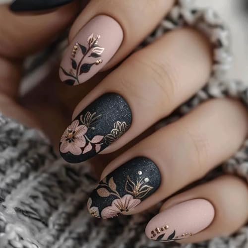 Short Press on Nails Almond Fake Nails with Flower Leaves Design ...