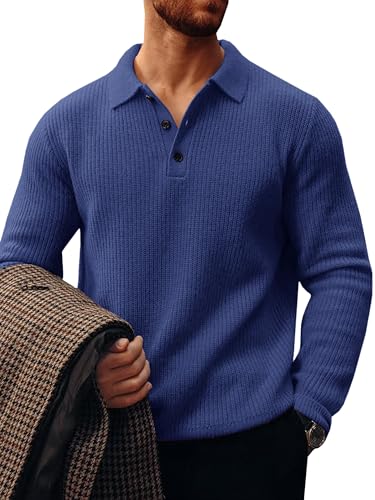 Runcati Mens Polo Sweater V Neck Long Sleeve Knit Polos Ribbed Casual Dress Pullover Sweaters Navy