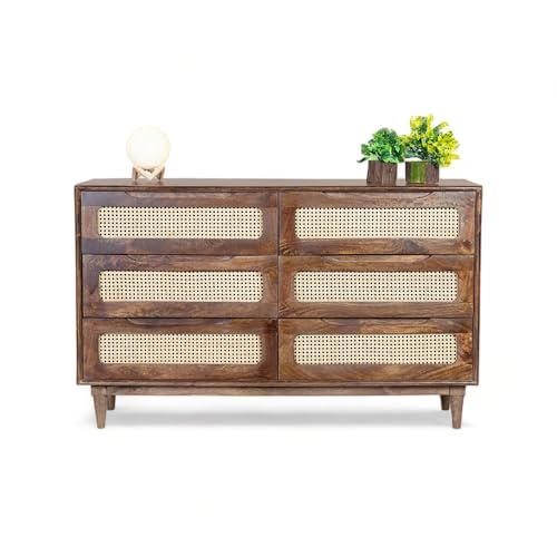 Image of Solid Wood Atlanta Chest of Drawer | Dresser with 6 Drawers | Wooden Chest of Darwers | Chest of Drawers with Cane /Rattan | Finish- Tubaq