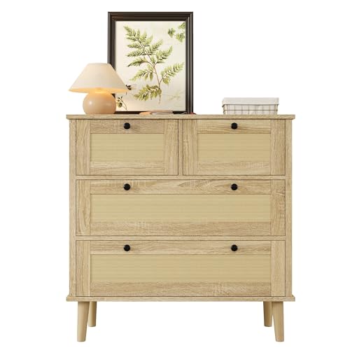 Generisch Cómoda con 4 cajones de ratán y patas de madera maciza, armario de almacenamiento espacioso para dormitorio, salón, pasillo, diseño moderno con elegantes asas y superficie de fácil cuidado