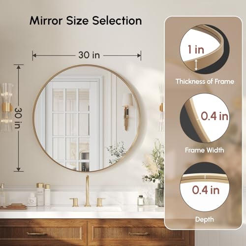 Image of USHOWER 30 Inch Gold Round Bathroom Mirror for Over Sink | Circle Mirror with Metal Frame, Wall Mirror for Vanity, Entryway, Living Room, Hallway and Bedroom Decor