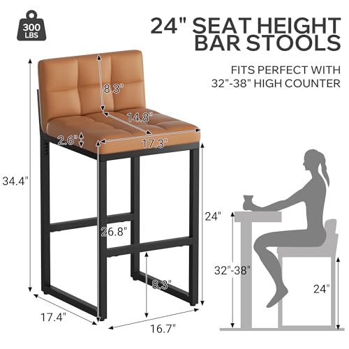Image of 24 inch Bar Stools Set of 3, Modern Faux Leather Counter Height Bar Stools with Low Back and Footrest, Sturdy Thickened Metal Leg, Upholstered Kitchen Bar Chairs for Island, Orange