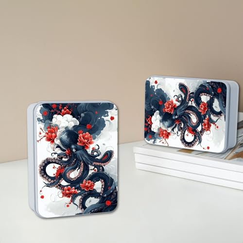 Image of Metal Tin Box with Lid,Multi-functional Storage Large Box Can Store Tea Biscuits Game Cards, Playing & Tarot Cards-Comes with 4 Magnetic Cord Clips,Octopus and Red Flower