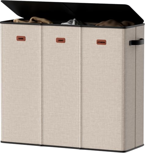 Image of 185L Laundry Hamper 3 Section, Laundry Hamper with Lid, Dirty Clothes Hamper with 3 Removable Washing Bags, Extra Large Laundry Basket Organizer for Bedroom, Laundry Room, Dorm - Khaki
