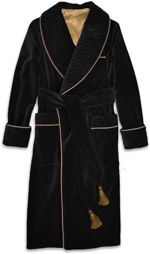 Men Black Velvet Smoking Jacket Men Gentlemen Black Quilted Vintgae Silk Warm Luxury Robe Gifts