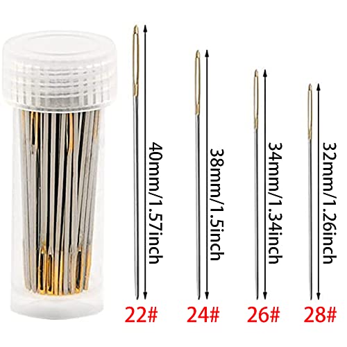 Image of 100pcs Cross Stitch Needles +2 Needle Threader Golden Color Large Eyes Cross Stitch DIY Embroidery Hand Needles Sewing Needles in Transparent Box (24#)
