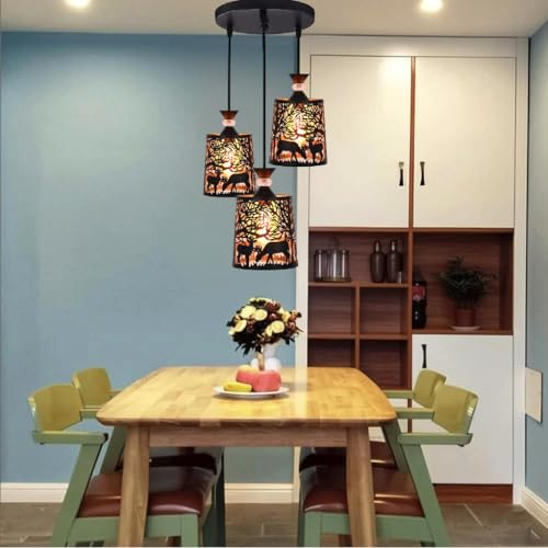 Image of Groeien 3-Light Industrial Black Finish Metal Crystal Hanging Pendant Ceiling Lamp Fixture | Chandelier for Home, Indoor, Outdoor,Living Room, Bedroom(Bulb not Included)(DeerShade3-Set)