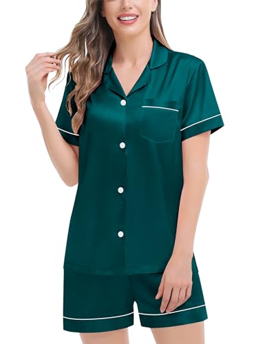 Image of SWOMOG Women Matching Pajamas Set Silk Satin Sleepwear Short Sleeve Button Down Pj Set 2 Pcs Loungewear Green Medium