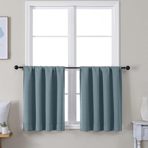 Image of Simplebrand Ava Stone Blue Short 24 Inches Blackout Curtain 2 Panels Set, Half Window Rod Pocket Privacy Curtain Tiers for Kitchen, Curtains Blackout for Bathroom Shades, W30 x L24 Inch, Stone Blue