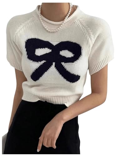 OYOANGLE Women's Bow Printed Pullover Sweaters Crew Neck Short Sleeve Ribbed Knit Casual Crop Tops Knitwear