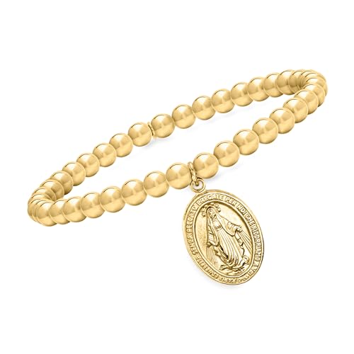 Ross-Simons Italian 18kt Gold Over Sterling Miraculous Medal Bead Stretch Bracelet