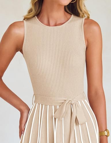 ZESICA Women's Summer Sleeveless Maxi Dress 2025 Crewneck Ribbed Knit Tie Waist Casual A Line Sweater Dresses4