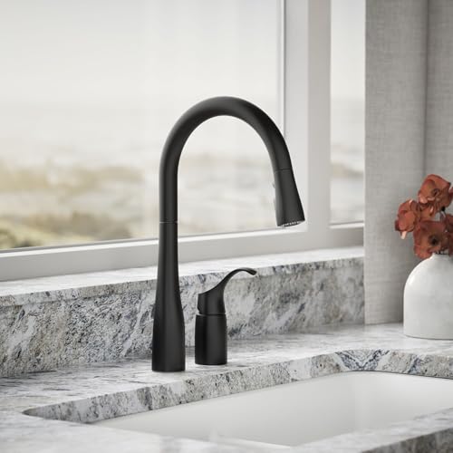 Image of KOHLER 647-BL Simplice Pull Down Kitchen Faucet, 2-Spray Faucet, Kitchen Sink Faucet with Pull Down Sprayer, Matte Black