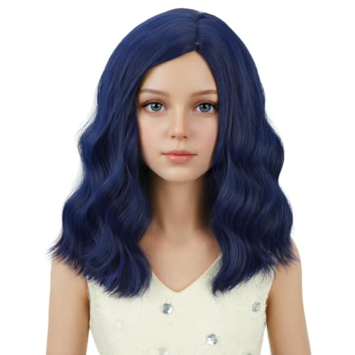 Image of PATTNIUM Navy Blue Wig for Kids Girls Short Dark Blue Wigs Side Part Shoulder Length Wavy Heat Resistant Synthetic Wig Halloween Cosplay Costume Party Wig