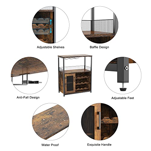 Amyove Wine Bar Cabinet with Detachable Wine Rack, Bar Rack with Glass Holder, Small Sideboard and Buffet Cabinet with Mesh Door, Rustic Brown