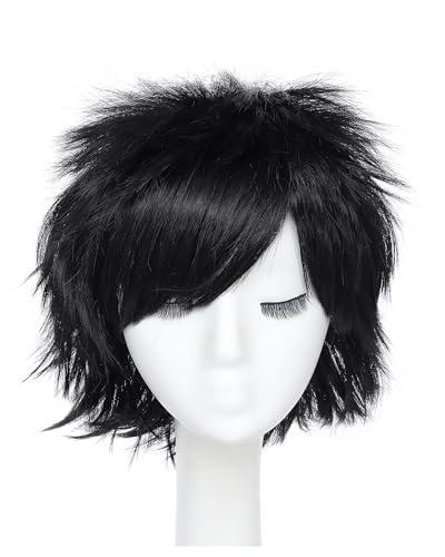 Image of Rose bud Anime Halloween Dark Black Wig for Cosplay Party Synthetic Layered Short Hair Wigs with Bangs Pastel Funny Wigs for Women Men