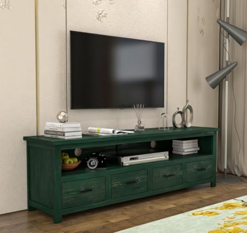 Image of Sheesham Solid Wood TV Cabinet for Living Room | Handcrafted Wooden TV Unit with Storage | Elegant Entertainment Stand for Modern Homes (4 Drawer Tv Cabinet, Rustid Green)