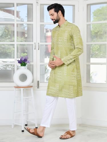 Image of See Designs Men's Full Sleeve Mandarin Collar Floral Embroidered Mandarin Collar Thread Work Straight Long Kurta - Festive Collection