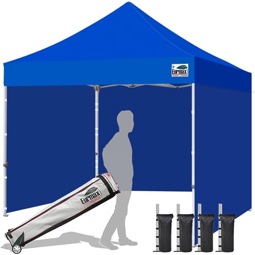 Image of Eurmax USA 10x10 Pop Up Canopy Tent,Commercial Tent with Patented No-Tip Rolling Bag,4 Zippered Removable Walls,UV & Water Resistant Canopy Top,Heavy Duty Outdoor Gazebo,Instant Shelter(Blue)