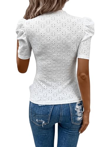 SweatyRocks Women's Mock Neck Puff Sleeve Slim Fit Elegant Tee Shirts Eyelet Top2
