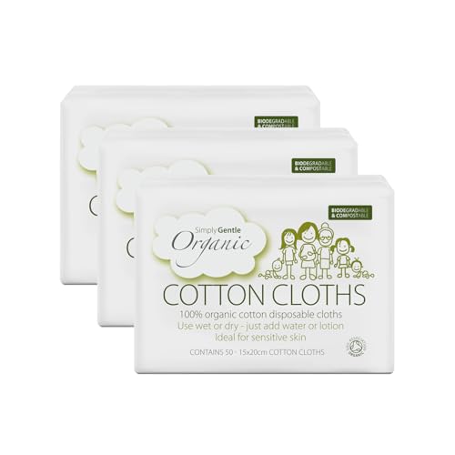 Simply Gentle Organic Dry Wipes/Cotton Cloths Perfect for Sensitive Skin - Pure Cotton Cloths for Newborn Baby - Free from Odours Parabens & Alcohol - Multi-Purpose - Disposable Cloth - 50 (Pack of 3)