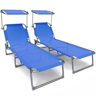 VOUNOT® Sdraio da Giardino Pieghevole, Set di 2 Lettini Prendisole con Tettuccio Parasole e Schienale Regolabile, per Spiaggia, Balcone, Terrazzo, Esterno Piscina, Blu