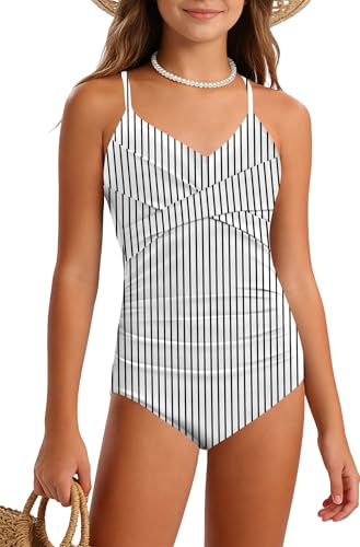Image of Girls Swimsuit Criss Cross Ruched One Piece Bathing Suit with Printed Mesh Cover Ups Adjustable Straps Swimwear 7-16Y
