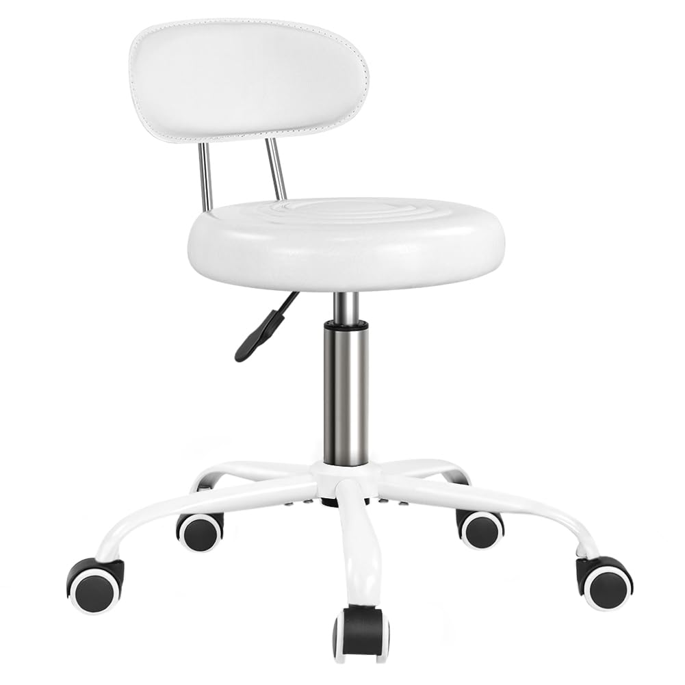 WKWKER Rolling Stool with Wheels Swivel Stool with Back Height Adjustable Chair PU Leather Rolling Chair Ideal for SPA Salon Home Office Drafting Work (White)