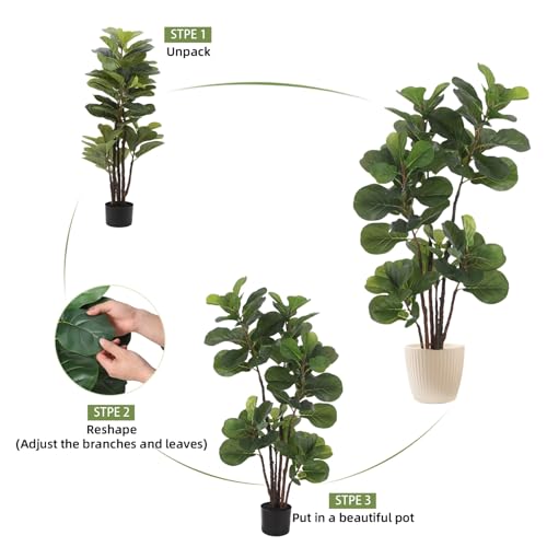 GlowSol Faux Fiddle Leaf Fig Tree, 4 Ft Artificial Ficus Lyrata Plant with 72 Fiddle Leaves, Fake Floor Plant in Pot for Indoor Outdoor Living Room House Office Bedroom Decor