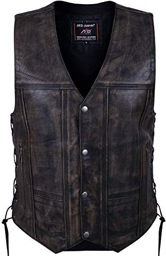 4Fit Men's Distressed Leather 10 Pockets Motorcycle Biker Vest New (3X-LARGE)