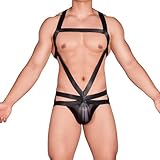 GENEMEN Herren Brust Harness Bodysuit Offener Schritt EIN Stück Fliege Overall Sexy G-String Thongs Slips (B-Schwarz)