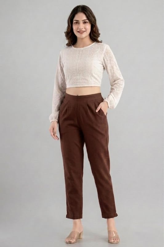 Image of Solid Cotton Woman Trousers Pants Regular Fit Kurti Pant with Drawstring Daily Office Formal Casual Use